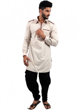Beige Cotton Readymade Pathani Suit For Men