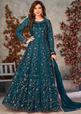 Blue Slitted Salwar Suit With Dupatta In Net