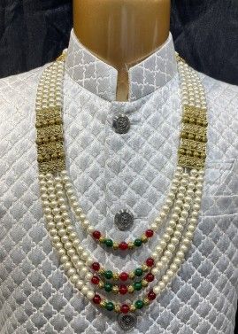 White Layered Kantha Mala In Beads Work