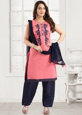 Pink Embroidered Readymade Patiala Suit