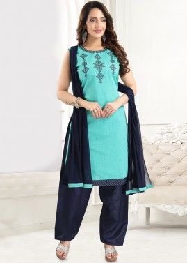 Readymade Blue Embroidered Patiala Suit Set