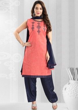Peach Embroidered Readymade Patiala Suit & Dupatta