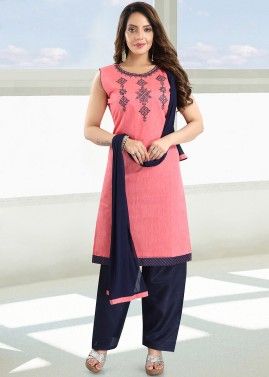 Readymade Pink Embroidered Punjabi Suit With Dupatta