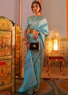 Turquoise Art Silk Saree With Woven Work