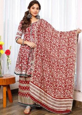 Red Hand Block Printed Readymade Palazzo Suit Set