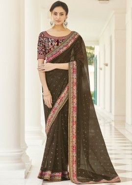 Brown Embroidered Organza Saree With Blouse