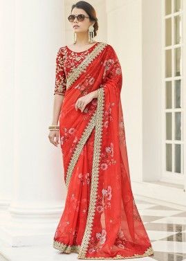 Red Floral Printed Organza Saree With Blouse