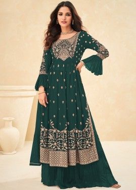 Green Georgette Sharara Suit With Embroidery