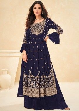 Blue Embroidered Sharara Suit With Dupatta