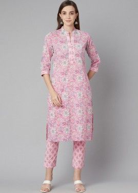 Pink Floral Printed Readymade Kurta Pant Set