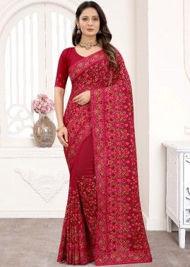 Maroon Georgette Heavy Pallu Saree With Blouse