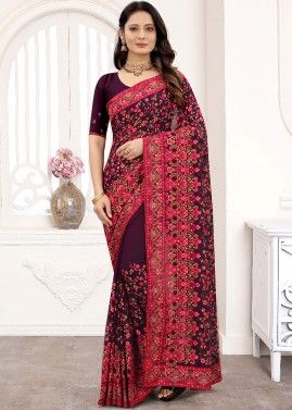Purple Resham Embroidered Georgette Saree With Blouse