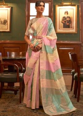 Multicolored Woven Saree In Organza