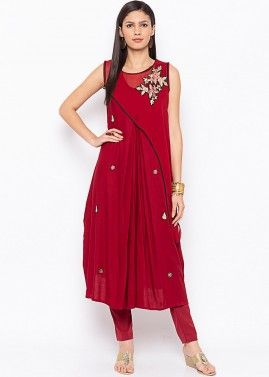 Red Readymade Gathered Kurta Set In Georgette