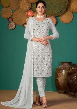 Grey Sequins Embroidered Pant Style Suit In Georgette