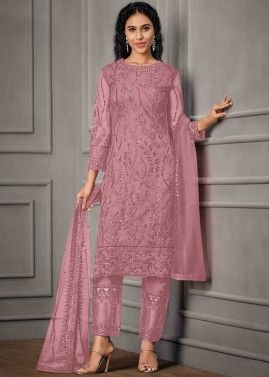 Pink Straight Cut Pant Suit With Sequins Work