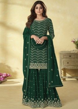Shamita Shetty Green Embroidered Gharara Suit Set