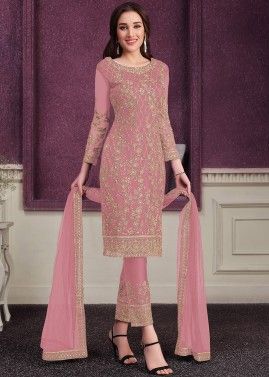 Pink Sequins Embroidered Pant Style Net Salwar Suit
