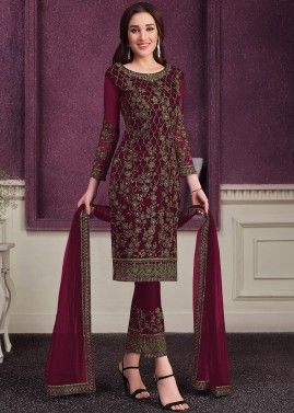 Maroon Dori Embroidered Pant Style Suit In Net