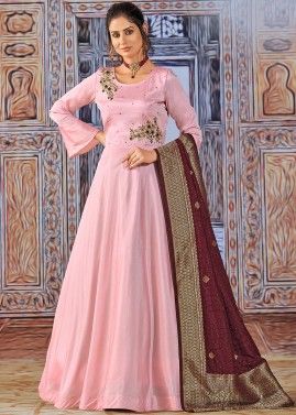 Pink Zari Embroidered Silk Anarkali Suit