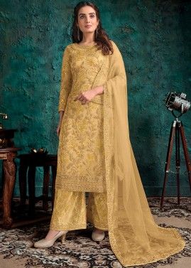 Yellow Dori Embroidered Net Salwar Suit With Dupatta