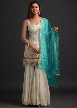 Off White Embroidered Gharara Suit Set In Georgette