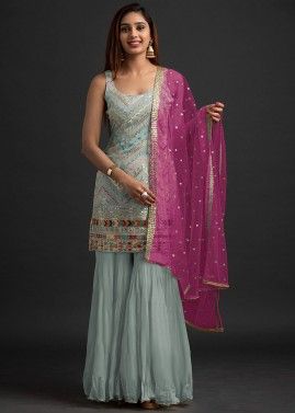 Blue Embroidered Georgette Gharara Style Suit