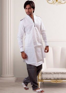 White Linen Readymade Asymmetric Pathani Suit