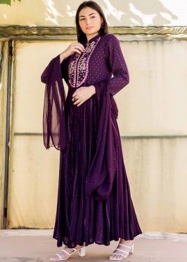 Readymade Purple Thread Embroidered Anarkali Suit