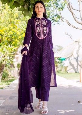 Readymade Purple Zari Embroidered Pant Suit