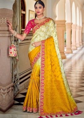 Yellow And Cream Woven Banarasi Silk Saree