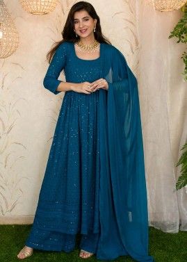 Readymade Blue Sequinned Rayon Anarkali Suit