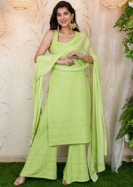 Readymade Green Embroidered Palazzo Suit In Rayon