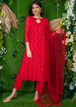 Readymade Red Georgette Kurta Set With Sequins Details