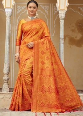 Orange Silk Stone Embellished Saree