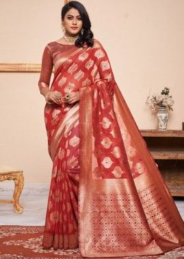 Red Woven Cotton Silk Saree With Blouse