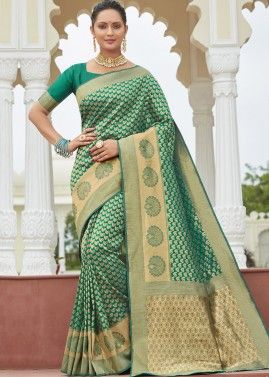 Green Woven Wedding Saree With Blouse