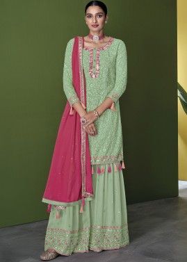 Green Georgette Sharara Style Salwar Suit With Dupatta