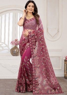 Maroon Embroidered Saree In Net