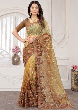 Yellow & Brown Embroidered Saree In Net