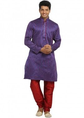 Purple Art Silk Thread Work Stripes Kurta With Churidar