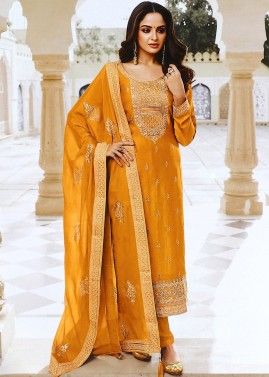 Orange Art Silk Pant Suit With Embroidered Dupatta