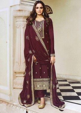 Maroon Zari Embroidered Pant Suit With Heavy Dupatta