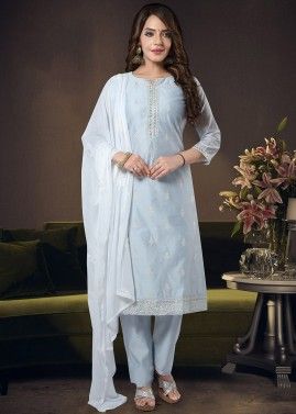 Silver Readymade Embroidered Chanderi Salwar Suit