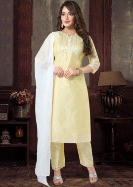 Yellow Readymade Embroidered Chanderi Salwar Suit