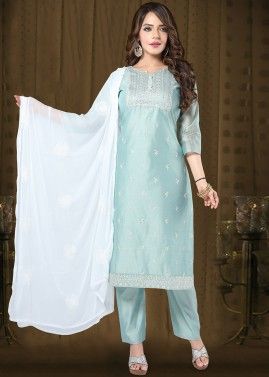 Blue Readymade Sequins Embroidered Chanderi Salwar Suit