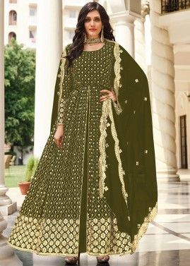 Green Georgette Embroidered Slit Style Suit