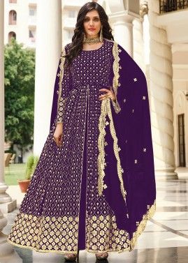 Purple Embroidered Pant Suit In Slit Style