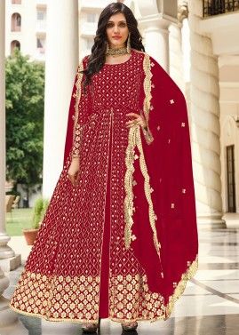 Red Slit Style Embroidered Georgette Pant Suit Set