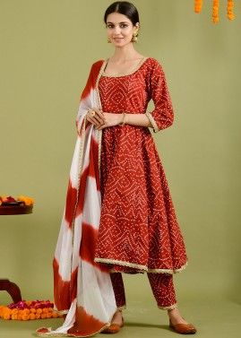 Readymade Red Bandhej Printed Flared Pant Suit